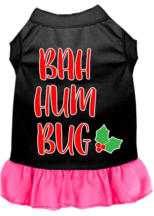 Bah Humbug Screen Print Dog Dress Black with Bright Pink Med